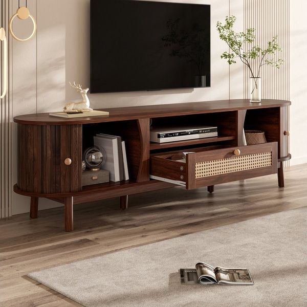 HAUSS SPOLE TV-Schrank mit Massivholztüren,Lowboard TV-Regal mit Schubladen,handgeflochten (Packung, 1-St, Massivholztüren, Landhausstil-Aufbewahrung mit niedriger Frontblende) mit einer Schublade und zwei Schiebetüren