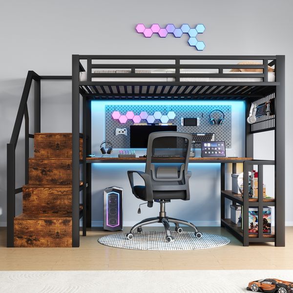 Merax Hochbett, 140 x 200 cm, Kinderbett mit Lagerregal, Hängendes Gitter, LED-Lichtleiste, Schreibtisch, Treppenkonstruktionen mit Stauraum,mit 2 USB-Anschlüssen und 1 Typ-C-Buchse, Schwarz