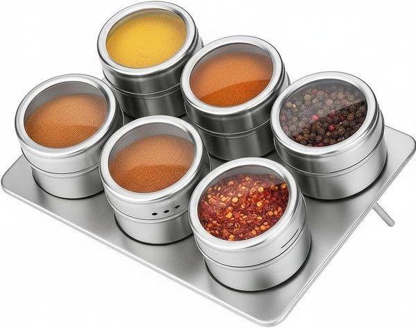 hausleben Gewürzbehälter Set aus Edelstahl Ø6x4,5 cm Gewürzdosen mit Metallplatte 15,5 cm, (6-tlg, magnetisch für Kühlschrank & Küche), mit Sichtfenster & Drehdeckel