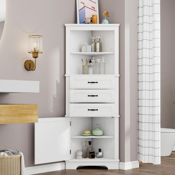 57,7×46×167,5 cm Eckschrank fürs Badezimmer, zwei offene Ablagefächer, drei Schubladen, ein Schrank, verstellbare Einlegeböden, schwarze Griffe, weiß.