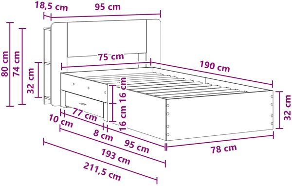 vidaXL Bettgestell mit Stauraum Grau Sonoma 75 x 190 cm Holzwerkstoff 3433698 Bild 8