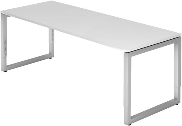 bümö höhenverstellbarer Schreibtisch R-Serie 200x80 cm in weiß, Gestell in Silber - großer PC Tisch für's Büro manuell höhenverstellbar, Computertisch verstellbar, RS-20-W-S
