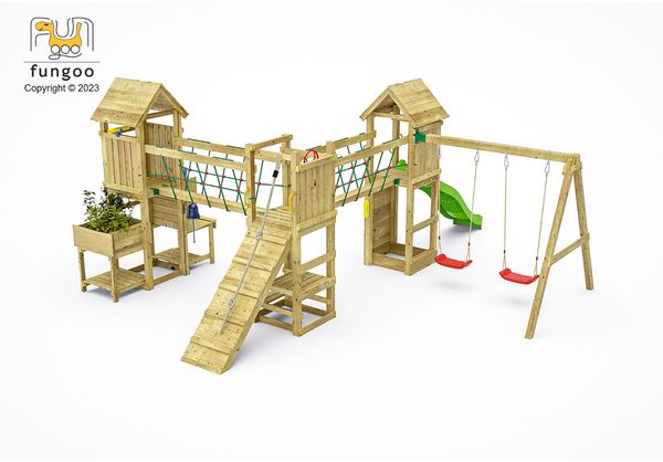 Fungoo Spielturm "Maxi Funny Optimizer", teak,mit Rutsche, Doppelschaukel, Verbindungselemente, Kletterwand