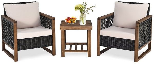 COSTWAY Balkonset, 3-tlg, 2 Personen, Rattan, 2 Sessel mit Kissen & Tisch
