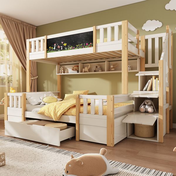 Etagenbett für 3 Kinder, mit Kreidetafel Stauraum-Treppe 2 Schubladen Leiterschrank stabiles Hochbett Stockbett Jugendbett, Massivholz, Weiß Natur, 90 x 200 & 140 x 200 cm