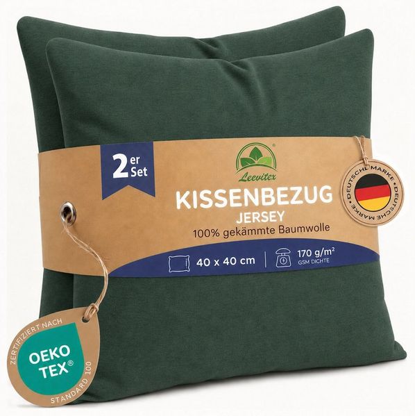 leevitex® Kissenbezüge 40x40 cm, 2er-Set, Dunkelgrün, (2 Stück), feine Jersey-Qualität, 100% Baumwolle, robuster Reißverschluss