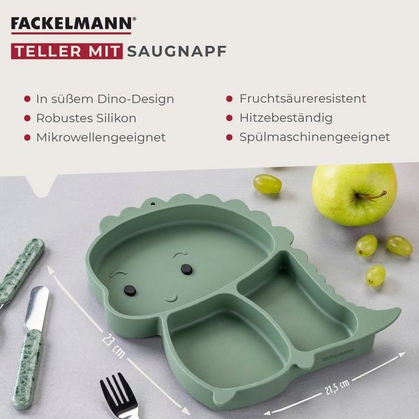 FACKELMANN Kindergeschirr-Set Teller mit Saugnapf, Dino-Design, Kinderteller, Rutschfester Teller