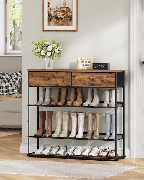 Schuhregal, Schuhablage mit 5 Ebenen, Schuhregal Groß mit 2 Stoffschubladen, 3 Gittern, Verstellbaren Gitterablagen, 18-20 Paar, Schuhständer für Eingang, Flur, Vintagebraun-Schwarz