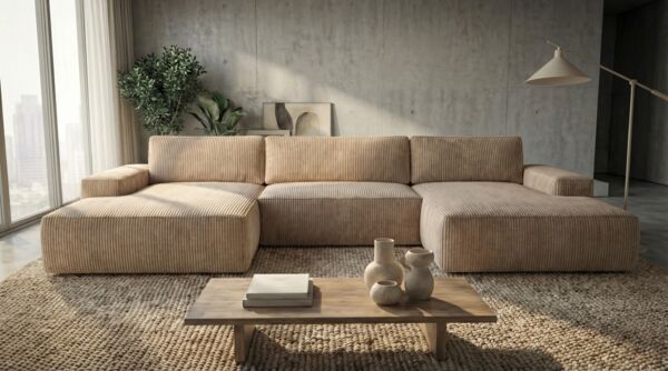 Ecksofa EINAR 362x170 cm mit Schlaffunktion, Bonellfederkern und Bettkasten, Farbe: Beige