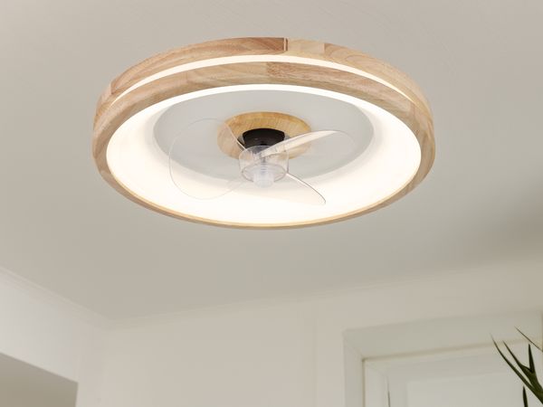 LED Deckenleuchte GATIAN mit Ventilator und Fernbedienung aus Holz, Ø 50cm