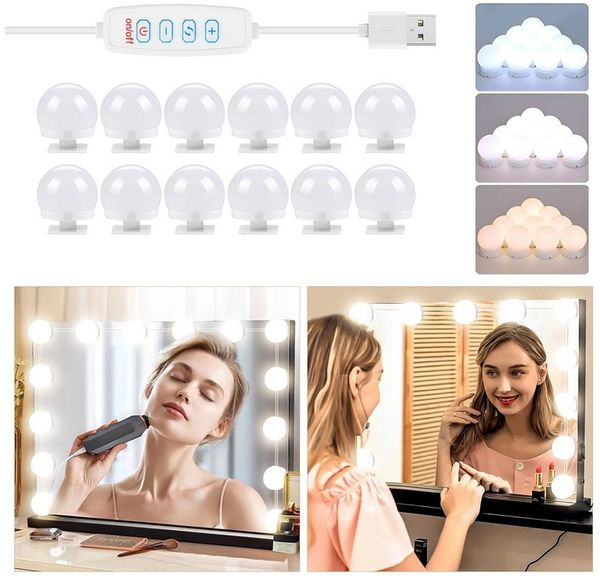 TUWENA LED-Lichtspiegel 3 Farben LED Spiegelleuchte, 9 Helligkeiten Dimmbar Schminklicht (12-St), Schminklicht Spiegellampe, Schminktisch Leuchte mit USB Kabel