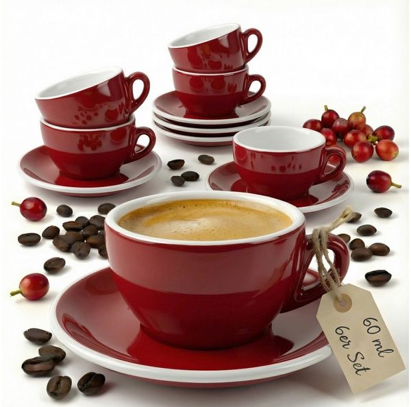 MUVELL Espressotasse 6x Espressotassen & Untertassen Set 0,8 cm dickwandig, rot, 6-tlg, Keramik, 60 ml rot mit weißen Rand und Innenfläche