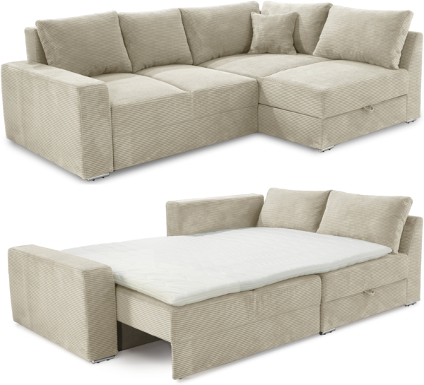 Ecksofa-Dauerschläfer Federkern Topper Bettkasten Schlafcouch in Cord Beige Grau