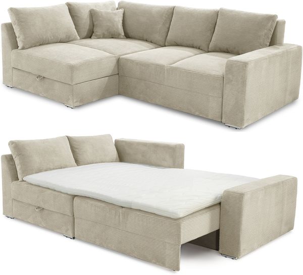Ecksofa-Dauerschläfer Federkern Topper Bettkasten Schlafcouch in Cord Beige Grau Bild 9