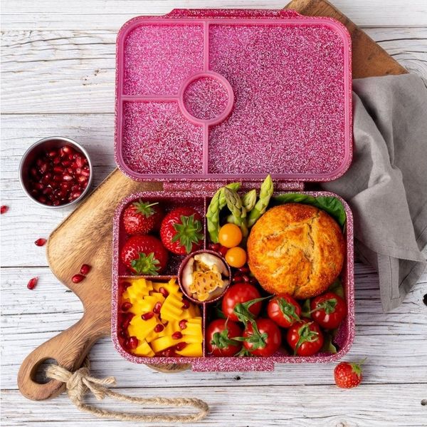 LEKKABOX Lunchbox Glitzer Brotdose, 4 Fächer - Kinder Bento Box Vesperdose Brotbox, Für feuchte Lebensmittel auslaufsichere Bento Box, inkl. extra Trenner
