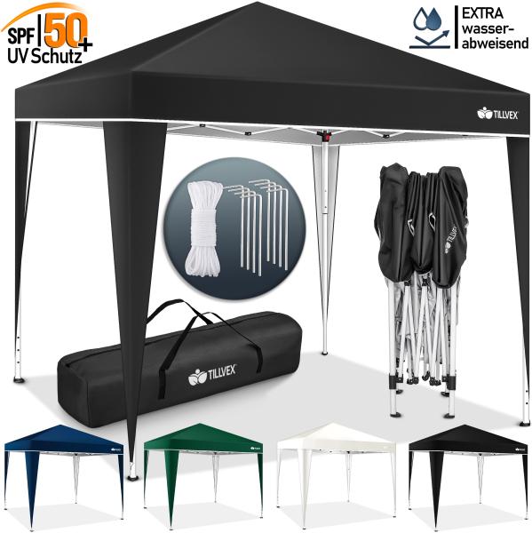 tillvex Pavillon 3x3m Schwarz wasserdicht | Pop-Up Faltpavillon höhenverstellbar | Gartenzelt UV Schutz 50+ | Partyzelt mit Tasche für Garten