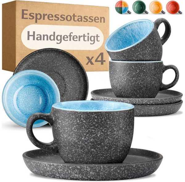 Cosumy Cappuccinotasse Espressotassen mit Untertassen 4er Set - 90 ml Keramik Blau, 8-tlg, Keramik, Warm