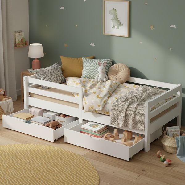 Bellabino 'Iskri' Kinderbett 90x200 cm mit 2 Schubladen, weiß, Massivholz Kiefer, Jugendbett mit Rausfallschutz und Lattenrost