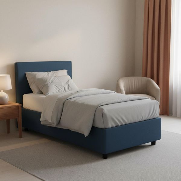 Talamo Italia - Chiaraluna-Einzelbett, Bettkasten mit Stoffbezug, 100 % Made in Italy, Öffnung vorne, inklusive Matratze 90x190 cm, Blau