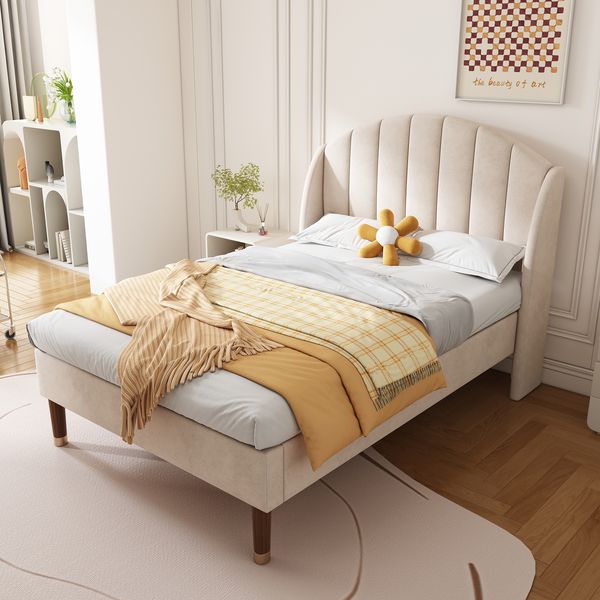 Novelux Polsterbett 90x200 cm mit Lattenrost und Kopfteil – Samt Beige, Einzelbett/Jugendbett, Holzlattenunterstützung, einfache Montage