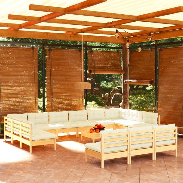 vidaXL 14-tlg. Garten-Lounge-Set mit Creme Kissen Massivholz Kiefer 3097241