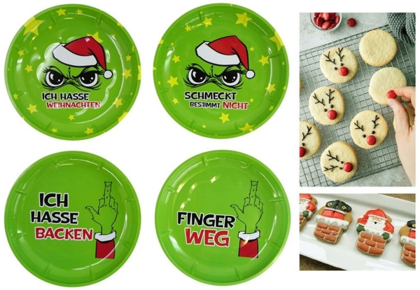 Annastore Gebäckteller 4 x Gebäckteller - Dekoteller "Festtags-Muffel" aus Metall Ø 26 cm, (4-tlg), Anti Weihnacht Plätzchenteller aus Metall