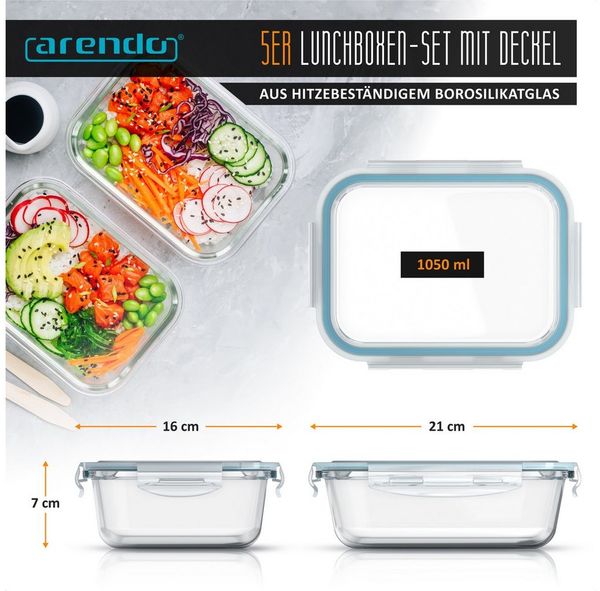 Arendo Frischhaltedose mit Deckel 5er Set, Vorratsdosen, Glas-Lunchboxen, auslaufsicher, Borosilikatglas, Kunststoff, (5-tlg), Mikrowellen-, Ofen-, Gefrier- & spülmaschinengeeignet, Klickverschluss Bild 2
