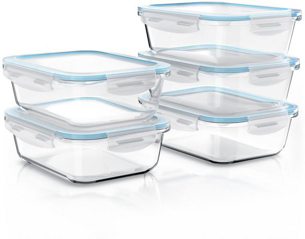 Arendo Frischhaltedose mit Deckel 5er Set, Vorratsdosen, Glas-Lunchboxen, auslaufsicher, Borosilikatglas, Kunststoff, (5-tlg), Mikrowellen-, Ofen-, Gefrier- & spülmaschinengeeignet, Klickverschluss