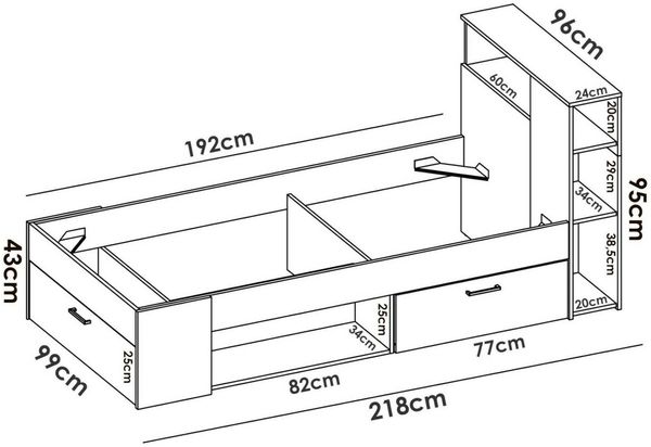 Dmora Kristall-Kinderbett, Bett für Schlafzimmer mit Kopfteil, Einzelbettgestell mit Schublade und Regalen, 218 x 99 x 96 cm, Weiß Bild 3