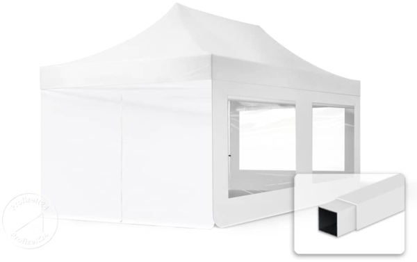 3x6 m Faltpavillon, ECONOMY Stahl 30mm, Seitenteil mit Panoramafenster, weiß