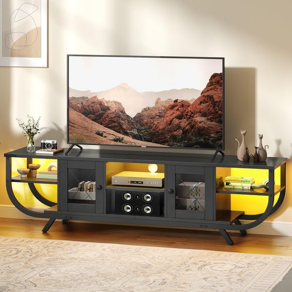 YITAHOME Industrielles TV-Schrank,160cm TV Lowboard für Fernseher bis zu 65 Zoll mit LED-Beleuchtung,Wohnzimmer Fernsehschrank TV Board mit Offenen Stauraum,Schwarz