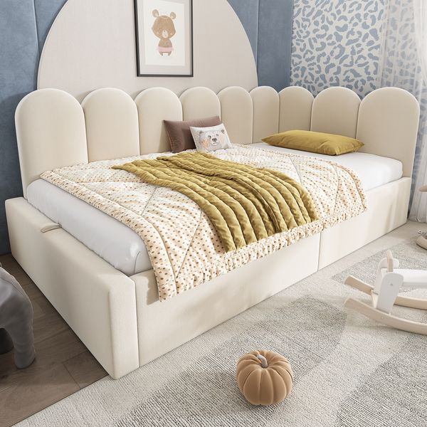 Polsterbett 90×190 cm aus Samt-Stoff mit hydraulischem Stauraum & Metall-Lattenrost, beige