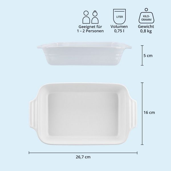 KHG Auflaufform mittel 26 cm Weiß für 1-2 Personen, Steingut, (1-St), Antihaft (mit Emaile glasiert)