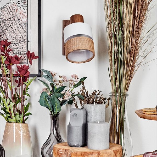 hofstein Wandleuchte Wandlampe aus Holz/Metall/Stoff/Leinen in Natur/Chrom/Weiß/Klar, ohne Leuchtmittel, verstellbare Wandleuchte im modernen Boho-Design (Schirm 9 cm), E14