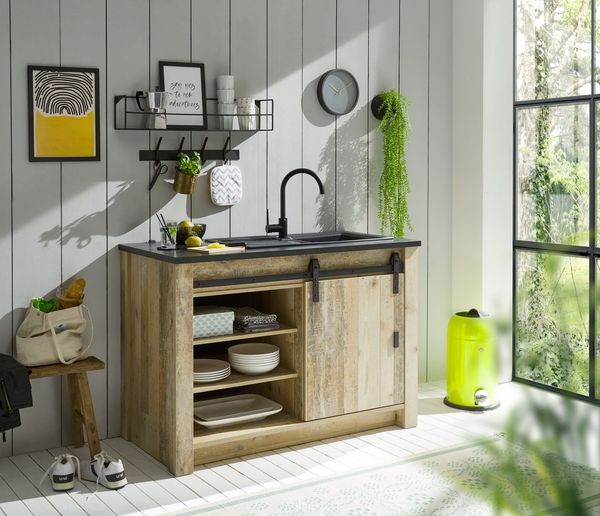Home affaire Spülenschrank Sherwood mit Scheunentorbeschlag aus Metall, Breite der Arbeitsplatte 133 cm