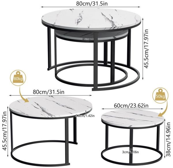 TWSOUL Couchtisch 2er-Satztisch Kaffeetisch stapelbarer, 80x45.5CM + 60x38CM