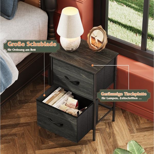 WLIVE Kommode Nachttisch mit 2 Stoffschubladen, 40×30×63 cm, Braun/Schwarz/Weiß (1 St), Beistelltisch mit Metallrahmen & Holzplatte, verstellbare Füße