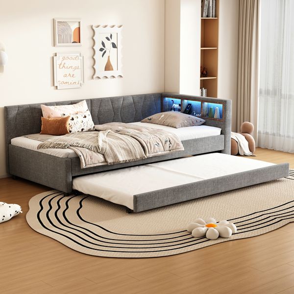 Tagesbett aus Leinen mit Ausziehbett, Ablagefächern & LED, 90x200 cm, Grau, ohne Matratze