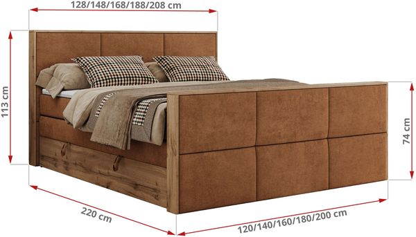 Doppelbett, Boxspringbett mit zwei Multipocket-Matratzen und ein Topper, Bettkästen, Eiche Wotan Holzrahmen, genähtes Kopfteil und Front - ALBERO 2 KING DUO - 120 x 200 cm - Orange Stoff - H4 Bild 6