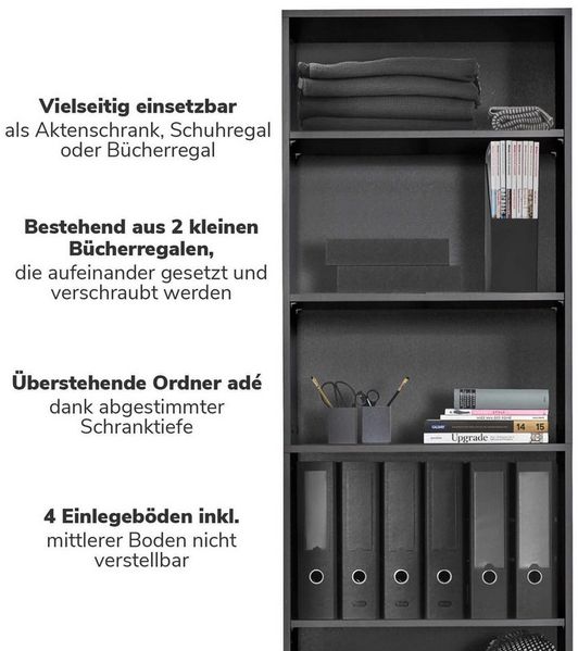 mokebo® Regal in Anthrazit BZW. Grau, Schwarz aus Holz 'Der Bücherwurm', Bücherregal fürs Wohnzimmer, Büro, Kinderzimmer, Holzregal für die Wand mit viel Stauraum, 60cm Breite