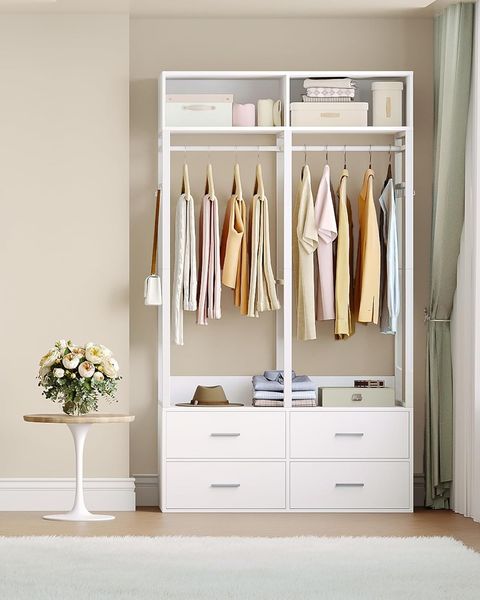 Kleiderschrank, Offener Kleiderschrank, Eisenholz, Mit 4 Holzschubladen, Oberes Staufach, Moderner Stil, Geeignet für Schlafzimmer und Ankleidezimmer, 100 x 43 x 185 cm, Weiß