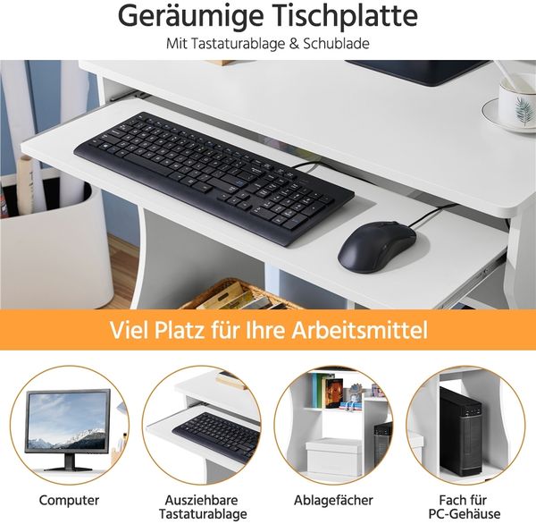 Yaheetech Schreibtisch mit 4 Ablageflächen, Rollen & ausziehbarer Tastaturablage, Holz, 80 x 48 x 76 cm, Weiß Bild 5