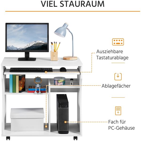 Yaheetech Schreibtisch mit 4 Ablageflächen, Rollen & ausziehbarer Tastaturablage, Holz, 80 x 48 x 76 cm, Weiß Bild 6