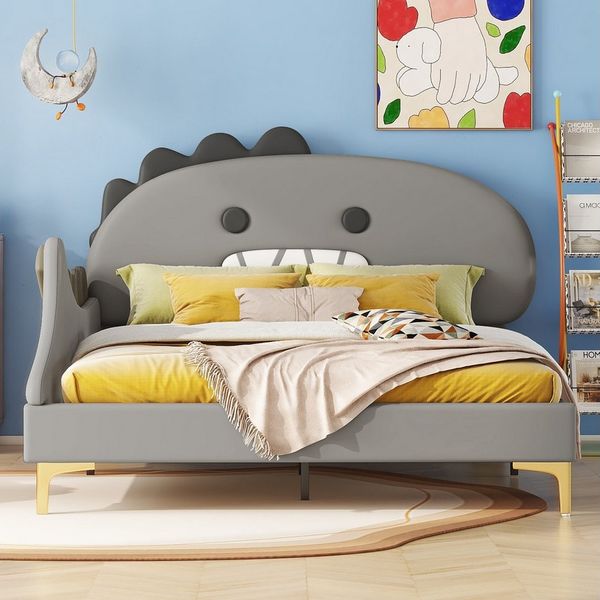 Flieks Polsterbett, Kinderbett 140x200cm mit Cartoon Dinosaurier Form Kopfteil Kunstleder