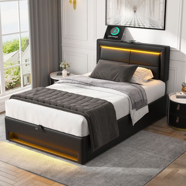 Polsterbett 90x200 cm mit USB-Ladefunktion, LED-Beleuchtung und Bettkasten, gepolstertes PU in Schwarz
