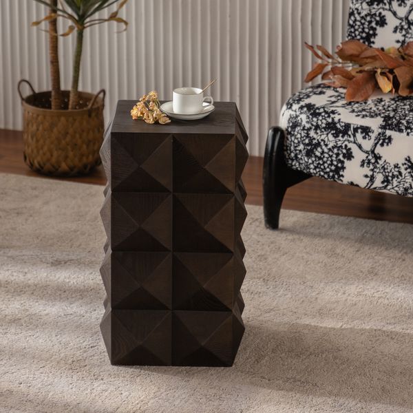 Beistelltisch aus Massivholz und MDF, Retro Couchtisch mit dreidimensionaler Reliefstruktur, Naturholz,Braun