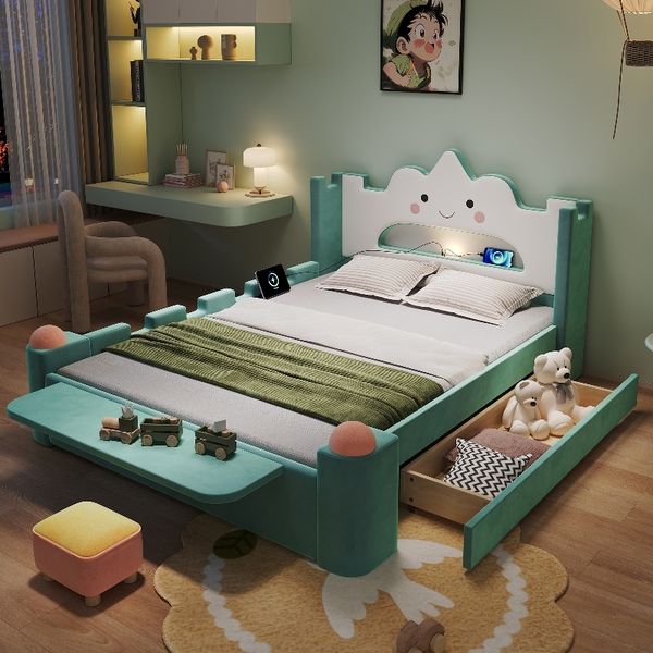 Novelux Kinderbett 140x200 Polsterbett mit LED-Leselampe, USB und Schublade – Samt Blaugrün, Wolkenbett mit Fallschutz und Ablage