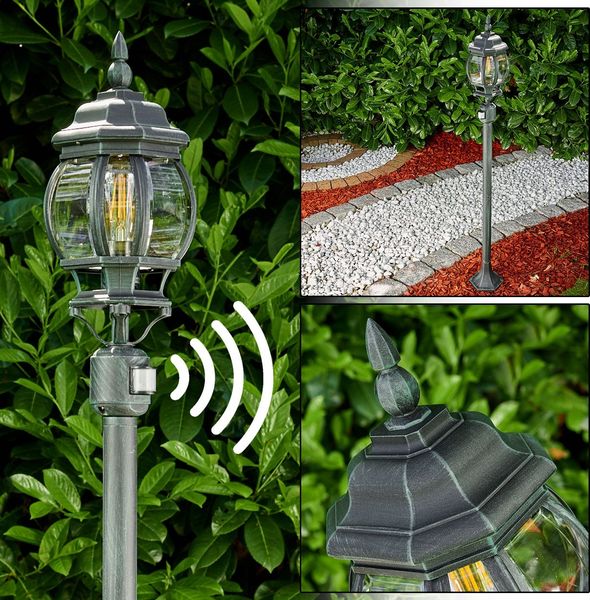 Hofstein Meyen Außenleuchte m. Bewegungsmelder, Wegeleuchte in antikem Look, Aluguß in Schwarz-Grün mit Kunststoff-Scheiben, Stehleuchte 130 cm, Retro-Vintage Gartenlampe, E27-Fassung, max. 60 Watt, IP44