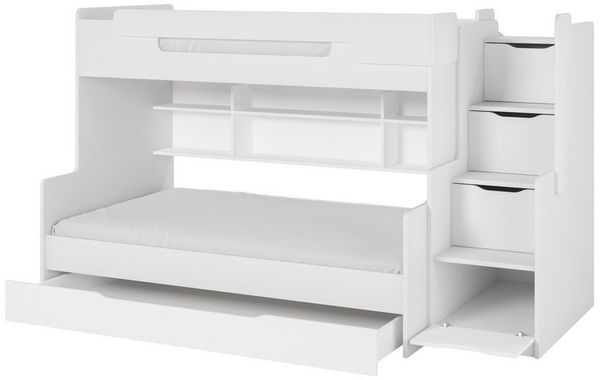 Deine Möbel 24 Funktionsbett HANNA Etagenbett Hochbett 90x200 120x200 Weiß Grau (Jugendbett Bett für Jugendliche, 2 tlg), Treppe