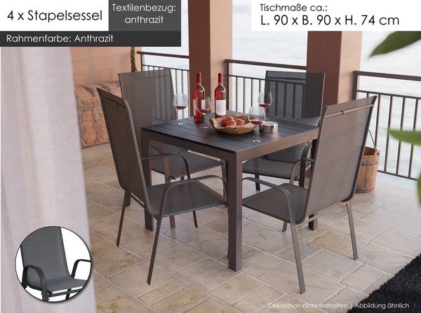 Gartenmöbel Set Alu Tisch 5-tlg. 4x Stapelsessel Essgruppe Gartenset anthrazit Sitzgruppe